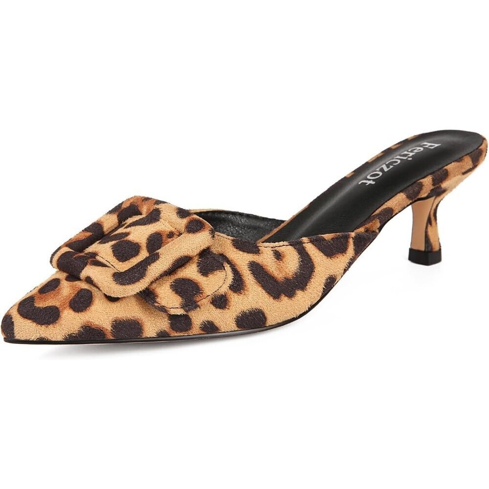 Women's Leopard Mule Slingback Buckle Pumps Pointed Toe Kitten Heels Shoe